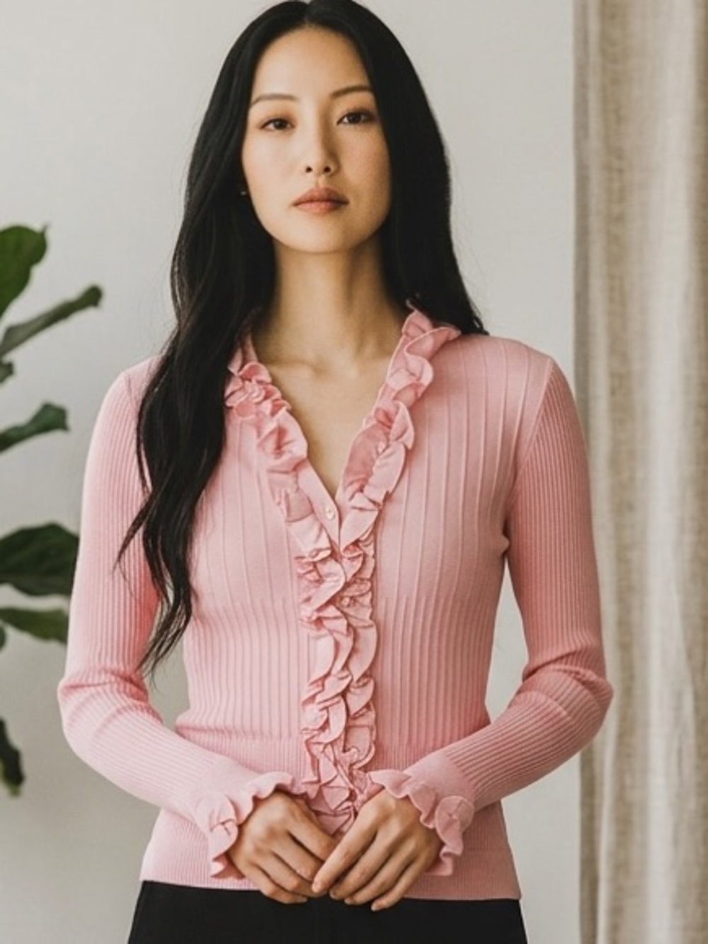 ANNE FONTAINE (M) Parfaite Ribbed Ruffle Cardigan Sweater Lt Pk Cotton EU40/USM